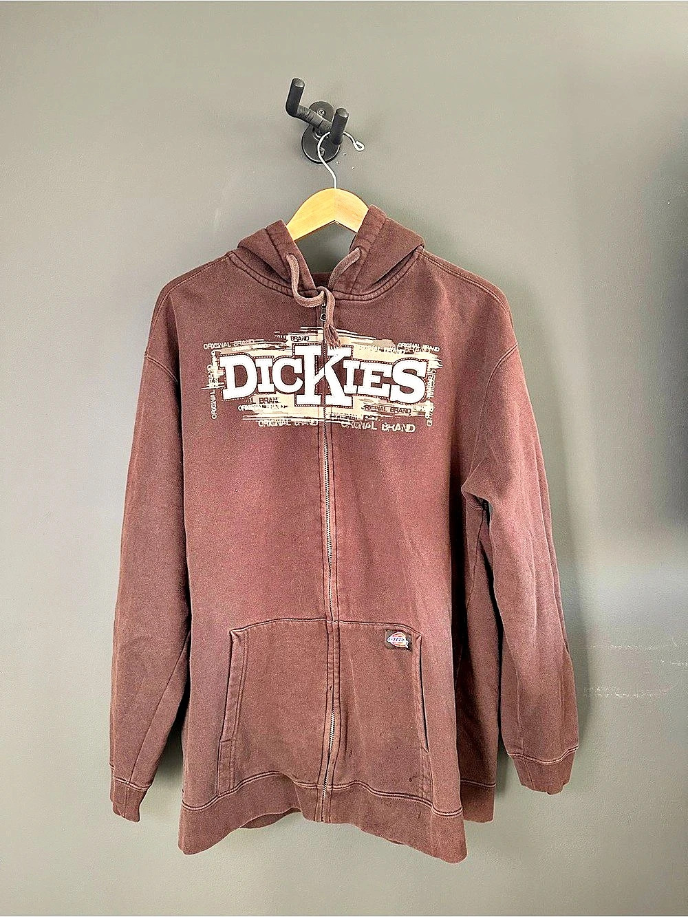 Vintage Y2K Dickies Hoodie Full Zip Brown Spellout Graphic Mens Size Large L